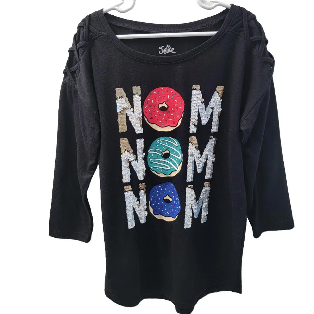 Justice Girls Donut Graphic Tee Black Long Sleeve Size 10